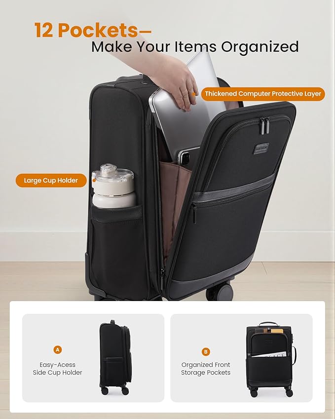 LOVEVOOK Carry On Luggage 22x14x9 Airline Approved,20 Inch Suitcases with Spinner Wheels,Softside Carry-on Suitcase with TSA Lock for Men Women Business Trip Weekender Travel,Black