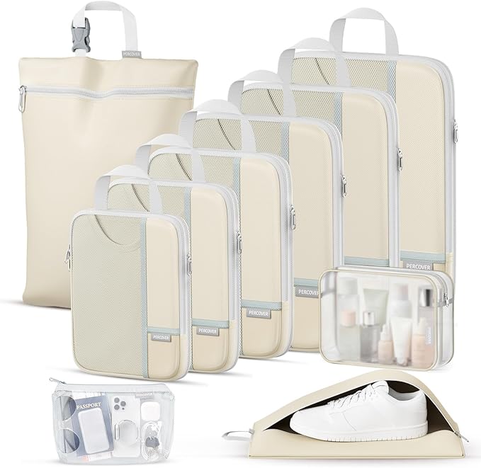Percover Compression Packing Cubes 10-Piece Set, Packing Cubes Compression for Travel with Toiletry Bag, Laundry Bag & Shoe Bag, All-in-One Travel Organizer for Carry On & Checked Luggage, Beige