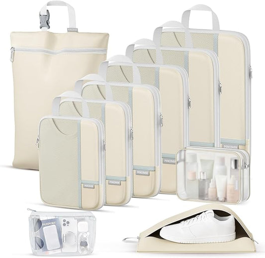 Percover Compression Packing Cubes 10-Piece Set, Packing Cubes Compression for Travel with Toiletry Bag, Laundry Bag & Shoe Bag, All-in-One Travel Organizer for Carry On & Checked Luggage, Beige