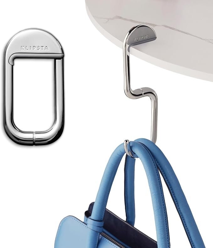 FLIP Purse Hook for Table – Foldable Bag Hook | Portable Purse Hanger & Holder for Desk | Magnetic Closure | Holds 50 lbs | Gift for Women, Silver