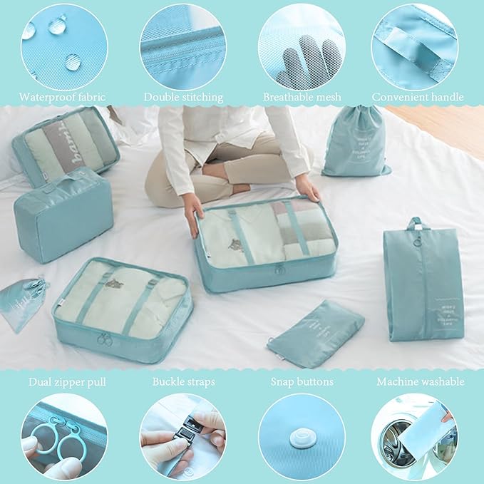 8 Pieces Mesh Packing Cubes for Travel, Luggage Packing Organizers Bags Set, Travel Essentials Suitcases Accessories with Laundry Bag, Storage Shoe Bag, Clothing Underwear Bag (Blue, 8 set)