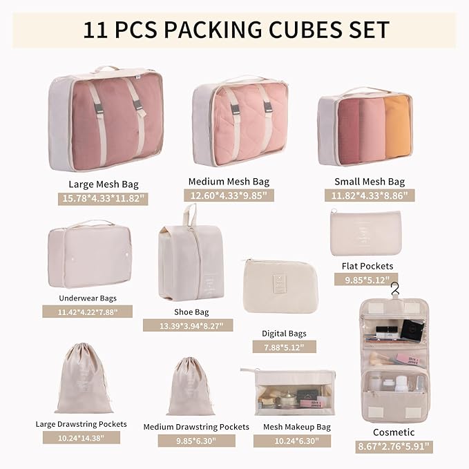 11 Set Packing Cubes for Travel Essentials, Suitcase Organizer Bags for Airplane Road Trip Camp - Beige