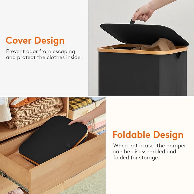 Lifewit 80L Laundry Basket with Lid, Clothes Hampers for Laundry with Bamboo Handles and 1 Removable Bag, Large Foldable Laundry Hamper for Bedroom, Bathroom, Dorm, Laundry Room, Black