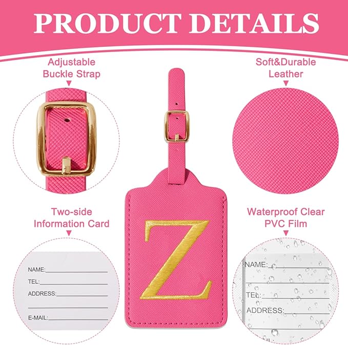 Personalized Initial Luggage Tags for Suitcases,Leather Letter Cute Luggage Tags with Privacy Name Card,Embroidered Monogrammed Travel Bag Backpack Tag Gifts for Women Kids Girls Teens(Rosered-Z)