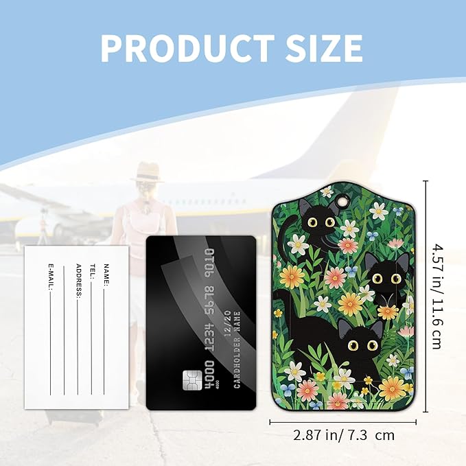 2 Pcs Luggage Tag for Suitcases, Black Cat Floral Cute PU Leather Suitcase Tag Privacy Cover ID Label with Metal Loop, Personalized Baggage Identifier for Women Cruise Bag Travel Essentials