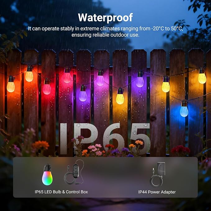 NEEWER 48ft Outdoor String Lights, App Control Smart AI RGBW Hanging, NR01 | Outside Patio Balcony Backyard Holiday Lighting, IP65 Waterproof, 15 LED Bulbs, 50+ Scenes, Compatible with Alexa Google