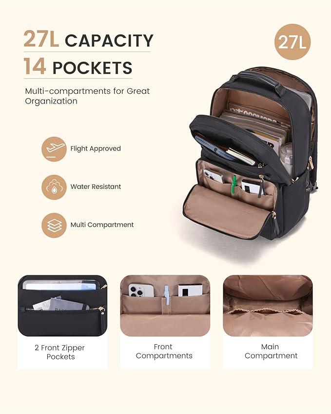 LOVEVOOK Laptop Backpack for Women, 15.6" Work Backpack Purse, Travel Personal Item Bag, Carry On Business Computer Bag, Casual Daypack for Office, School, or Gift, Cream Chestnut Brown