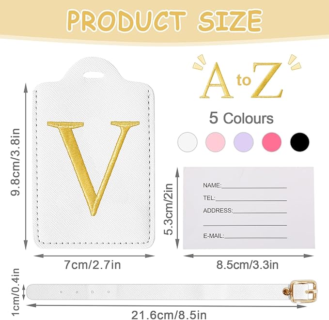 Unique Initial Letter Luggage Tags for Suitcases, Monogrammed Suitcase Luggage Identifier Tag,PU Leather TSA Approved Luggage Tags,Bag Tags for Men Women Kids Luggage Baggage(White V)