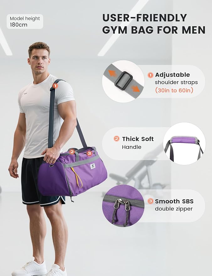 SKYSPER Gym Bag for Men & Women with Shoe Compartment, Carry-on Gym Duffle Bag for Travel and Sports, Workout Overnight Bag with Large Wet Pocket, Purple