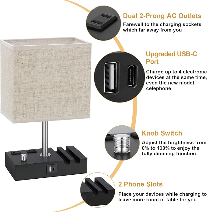Beige Table Lamp for Bedroom - Stepless Dimmable, USB C+A, 2 AC Outlets | Dimming By Rotary Knob, USB C+A Ports, 2 Phone Stands, LED Bulbs Included, Rectangle Beige Lampshade, for Living Room, Desk