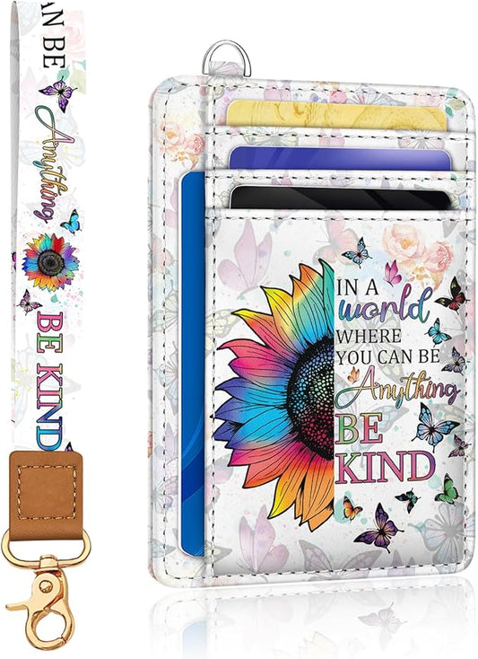 Yonlevres Be Kind Credit Card Holder Slim Wallet, RFID Wallet Women Front Pocket Wristlet Lanyard, Small Card Holder Travel Funny Cute Thin Card Case ID Window PU Leather Card Organizer Gifts Girls
