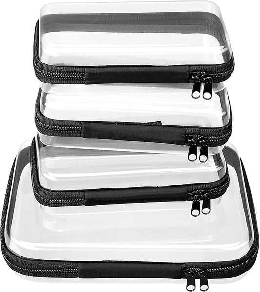 4 pcs Clear Zipper Pouches,Hard Shell Zipper Case, Toiletry Bag for Travel, CLear Diaper Bag, Toiletry Pouch, Travel Organizer, Cosmetic Bag,Toy Storage Bins (M+3S)(Black)