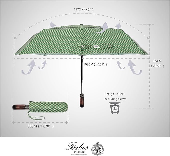 Balios Travel Folding Umbrella with Real Wood Handle Auto Open Close Vented Windproof Canopy - Designed in UK