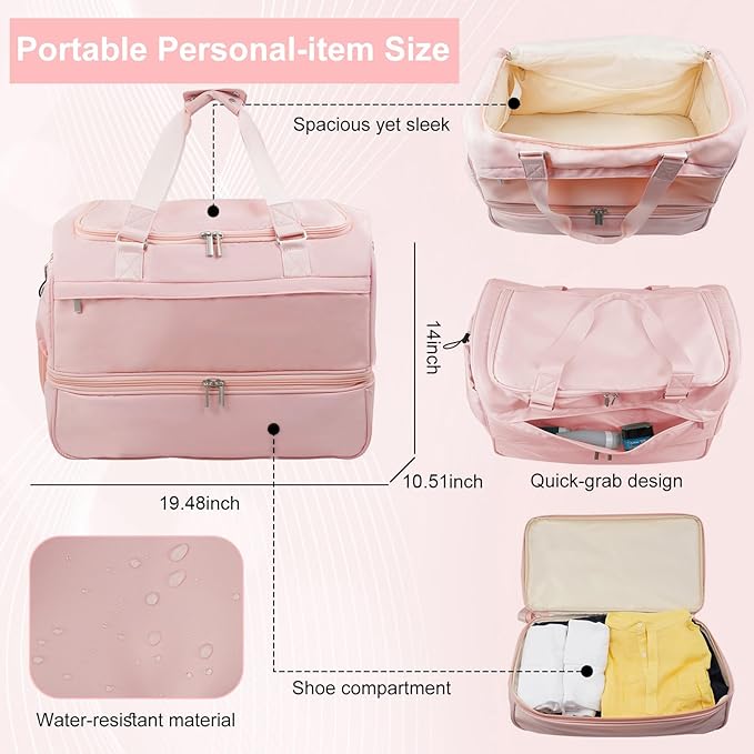 Carry On Travel Duffel Bag for Women & Men,Overnight Weekender Bag with Shoe Compartment,Trolley Sleeve and Adjustable Shoulder Strap,Business & Weekend Travel,Gym,Sports,Yoga & Dance (Pink)