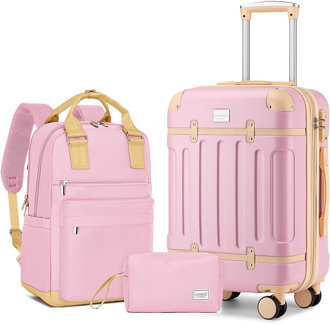 LARVENDER Luggage Sets 3 Piece Expandable Carry on Luggage 22x14x9 Airline Approved Hardshell Suitcase with Wheels TSA Lock, Lightweight Suitcase Set for Women with Travel Backpack, Light Pink