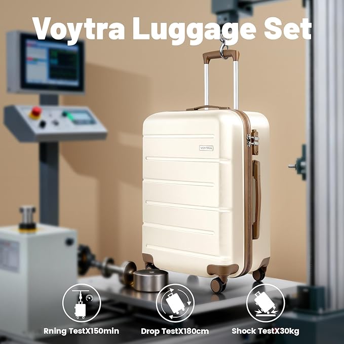 3-Piece Luggage Set with 20” Carry On, ABS Hardside Suitcase with Spinner Wheels & TSA Lock, Easy-Control Rolling Suitcase for Business Trips & Weekend Getaways (20/TB/DB Beige)