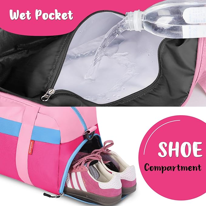 WOOMADA Kids Duffle Bag for Boys or Girls, Kids Overnight Bag with Shoe Compartment＆Wet Pocket, Ideal for School Practice, Sports, Travel(pink&hot pink)