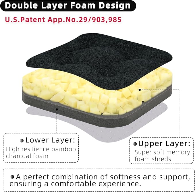 GOFORIT Chair Cushions Set of 2,Tufted Shredded Memory Foam Chair Pads, Non-Slip Seat Cushions with Removable Cover, 16'' x 16'', 2Pack,Black