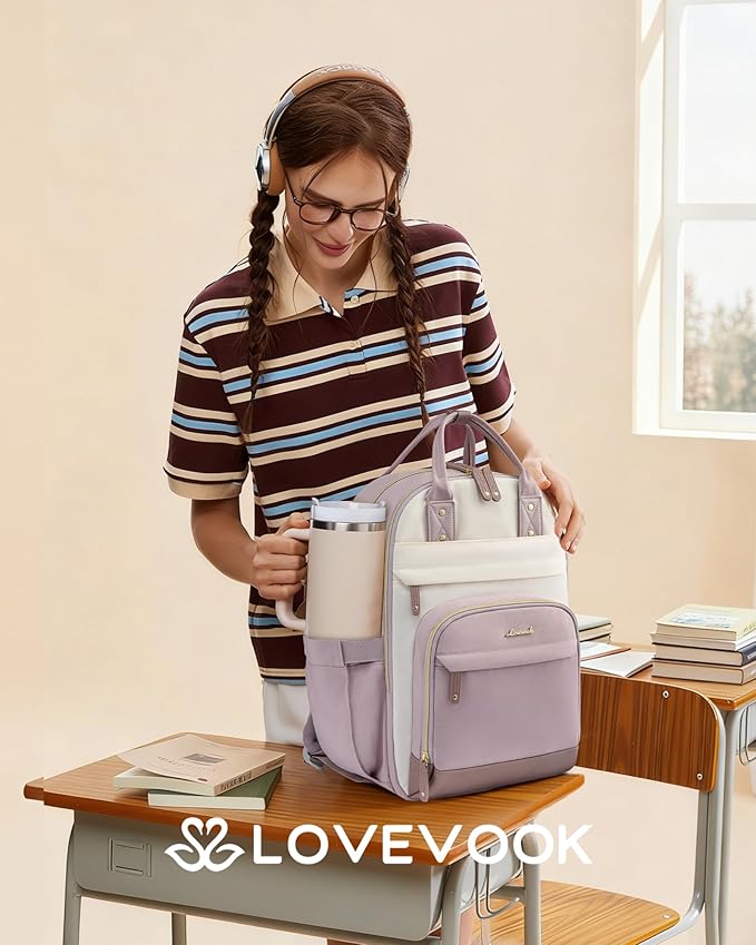 LOVEVOOK Laptop Backpack Women with Giant Tumbler Holder Pocket,15.6 inch School College Book Bag Nurse Teacher Backpack,Work Travel Backpack Laptop Computer Bag,Light purple-Off-white-Pinkish purple