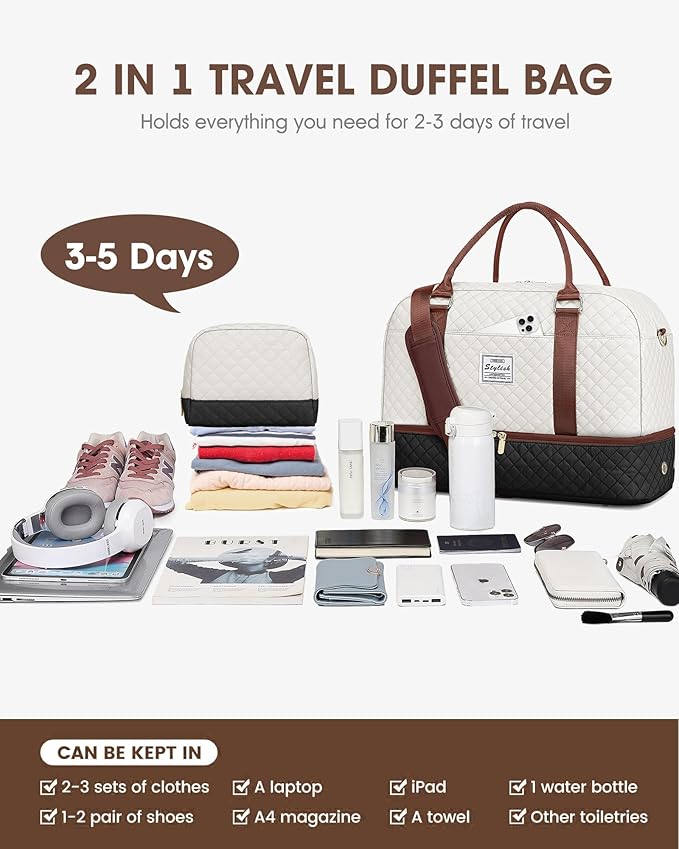 Travel Duffle Bags for Women - Overnight Weekender Bags With Toiletry Bag Carry On Duffel Bags with Shoe Compartment Hospital Bag with Wet Pocket for Labor Delivery Black Brown