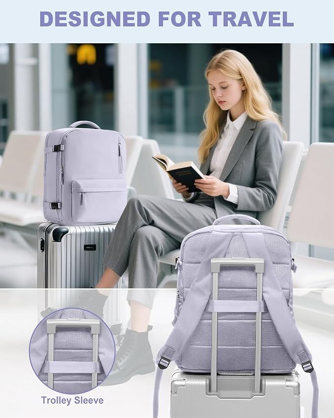 VECAVE Travel Backpack for Women, Airline Flight Approved Carry On Backpacks Waterproof 14 Inch Laptop Backpack with Shoe Compartment Casual Daypack Purple