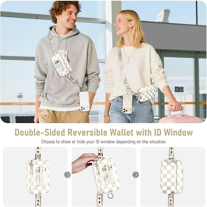 Tiostep Clip and Go Strap for Phone with Wallet Crossbody Phone Lanyard and Detachable Checkered Bag with ID Window and RFID Pouch for Daily Travel.