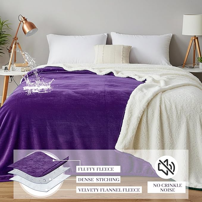 Waterproof Gray Blanket for Dog Cat Puppy, 80''x 80'' Double Side Leakproof Reversible Double Side Sherpa Flannel Fleece 3 Layer Lightweight Blanket, Absorb 70oz(PurpleWhite), Machine Washable