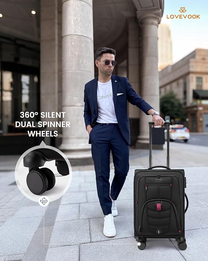 LOVEVOOK Business Softside Checked Luggage with 15.6/17.3 Inch Laptop Compartment, 24 Inch Checked Suitcase with Spinner Wheels, Large Capacity Luggage with TSA Lock for Business Trip Travel, Black