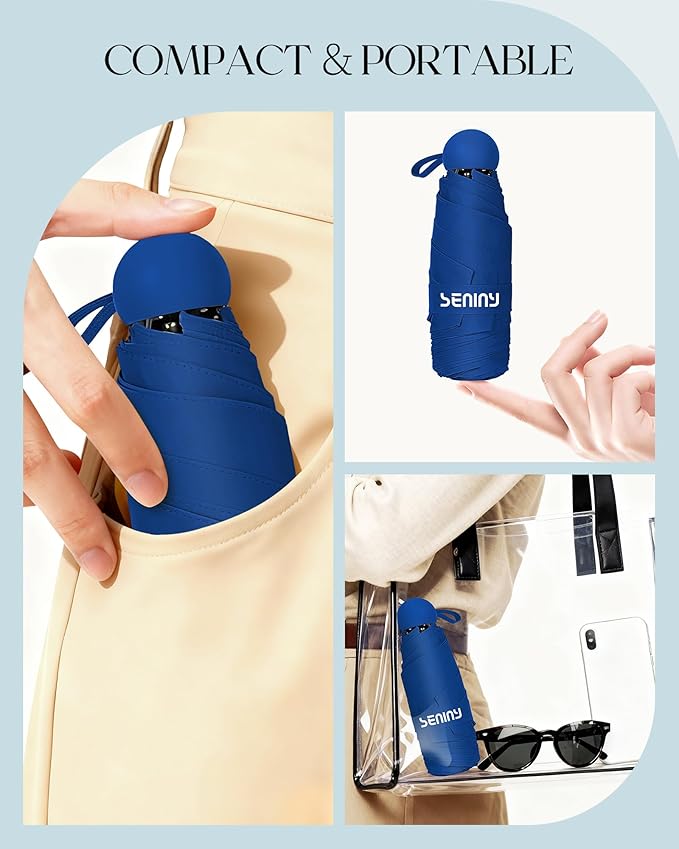 Seniny Mini Portable Travel Umbrella with Case - Compact Umbrellas for Rain & Sun UV Protection for Backpack Pocket, Lightweight Folding Small Umbrella, Tiny Purse Size UV Blocker for Kids Women Girls