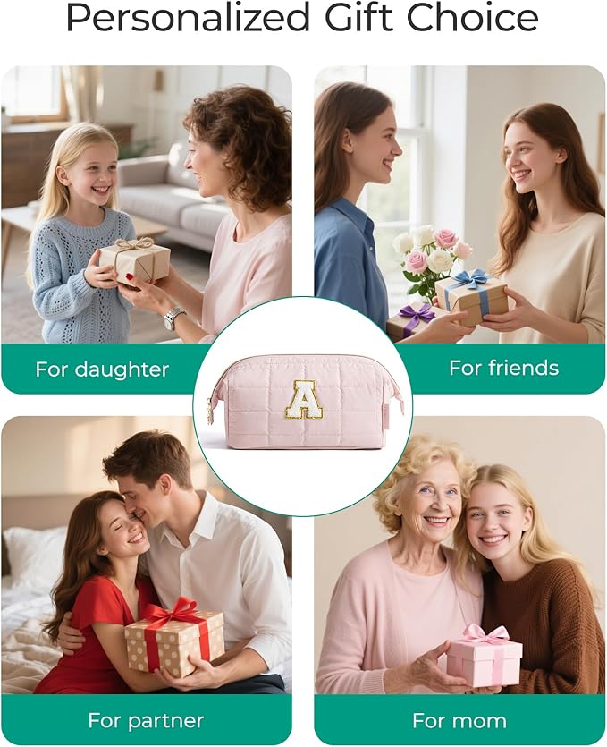 BAGSMART Birthday Gifts Personalized Initial Makeup Bag, Trendy Stuff Gifts for Women Bridesmaid Graduation, Puffy Padded Make Up Bags for Women, Wide-open Toiletry Bag, Pink B