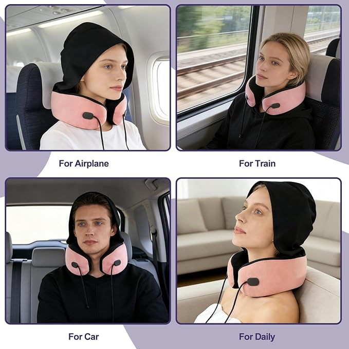 Neck Pillow for Travel, Premium Carbon-Infused Memory Foam, Cooling Fabric Pillow for Airplane, 360° Neck Support for Long Flights, Hooded Travel Pillowl for Planes, Cars and Office, Hooded, Pink