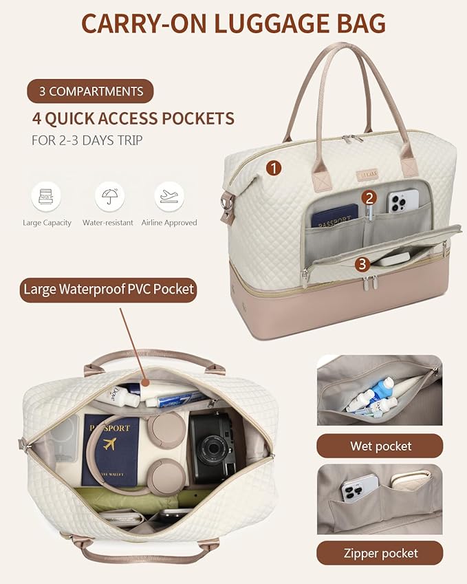 Weekender Bags for Women, Travel Duffle Bag Carry On Overnight Bag with Cosmetics Bag and Crossbody Purse for Gym Hospital, Gifts for Women, Beige Pink
