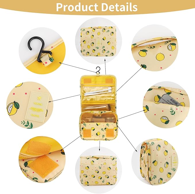 Foldable Hanging Travel Toiletry Bag,Waterproof Portable Travel Bags, Multifunction Travel Makeup Cosmetic Bag Organizer with Hanging Hook (Yellow Lemon)