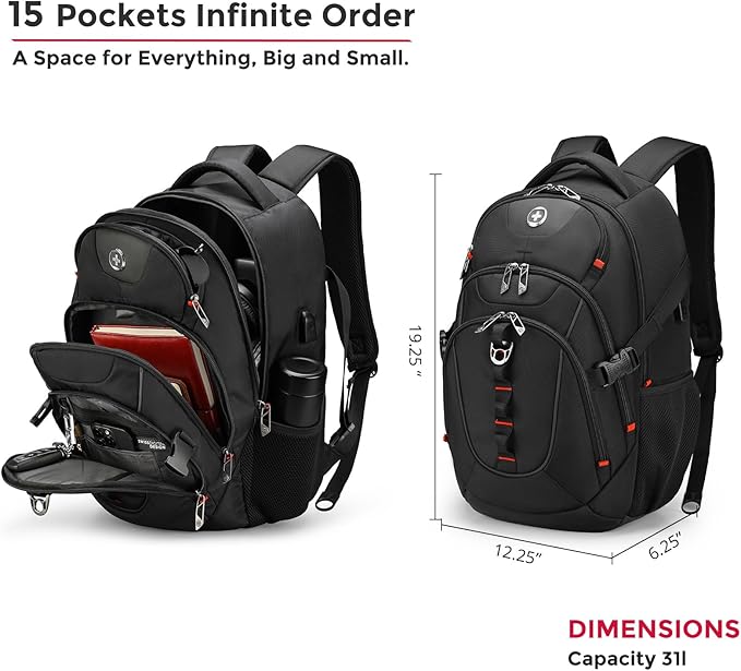 Swissdigital Design Laptop Backpack with USB Charging Port, Travel Backpack Fits 15.6 inches Computer, 31L College School Backpack for Men, Black | SD803-01