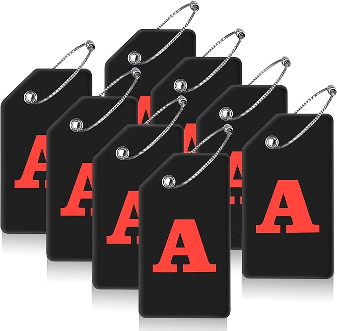 Gostwo 8 Pack Luggage Tags for Suitcases, 26 Initial Letter Travel Luggage Baggage Identification Labels ID Tags Fully Bendable Tags with Stainless Steel Loop (Letter A, Black)