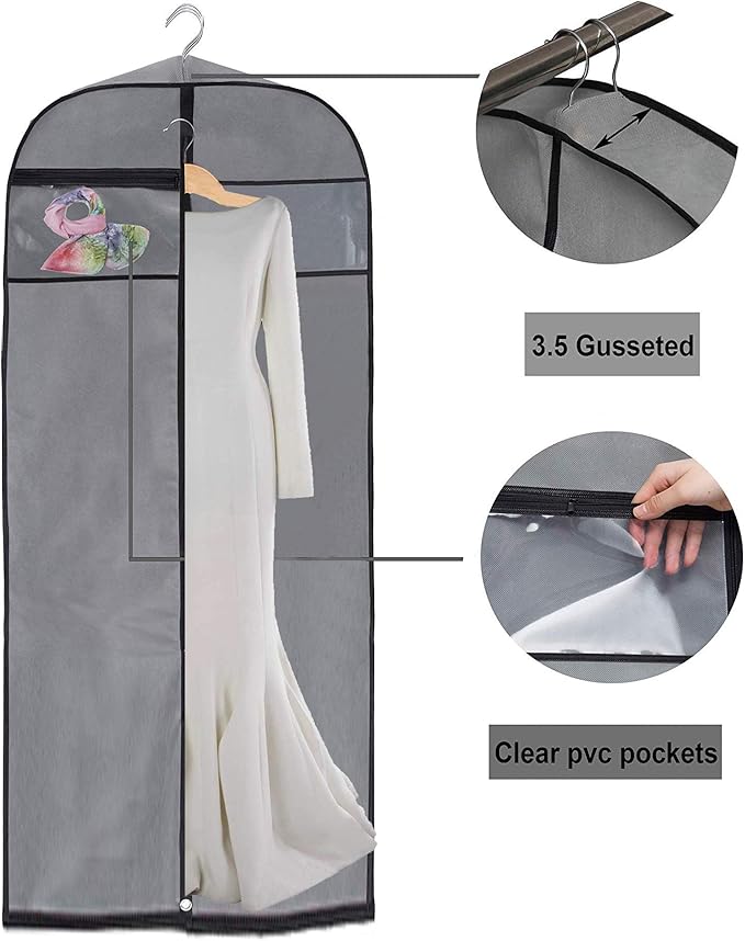 MISSLO Gusseted 60" Dress Garment Bag Hanging Clothes Cover with Clear Window Zipper Pocket for Long Coat, Full-Length Wedding Gown, Closet, Travel, Luggage (Grey)