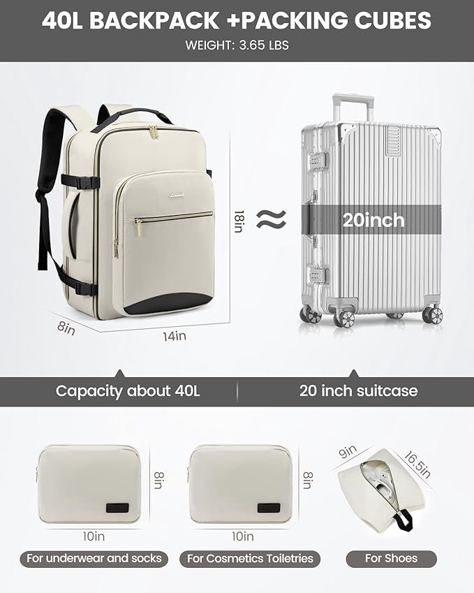 LOVEVOOK Travel Backpack for Women & Men 40L,Airline Approved Carry On Backpack Travel Essentials,TSA Carry on Luggage,Waterproof Personal Item Travel Bag,Suitcase with 3 Packing Cubes,Beige-Black