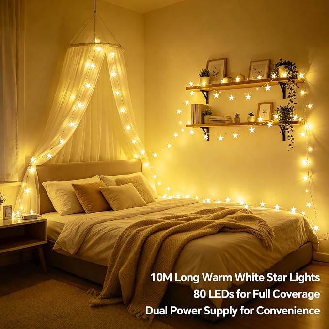 33Ft 80LED Remote Control Fairy Lights Battery and USB Operated, Warm White Star Fairy String Lights with Timer,Waterproof for Home Bedroom Wedding Dorm Wall Window Tent LoftBed Patio Party Decor
