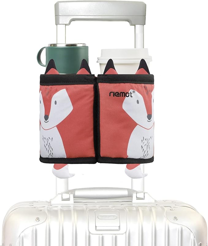 riemot Luggage Travel Cup Holder Free Hand Drink Carrier - Hold Two Coffee Mugs - Fits Roll on Suitcase Handles - Gifts for Flight Attendants Travelers Accessories Fox Brick Red