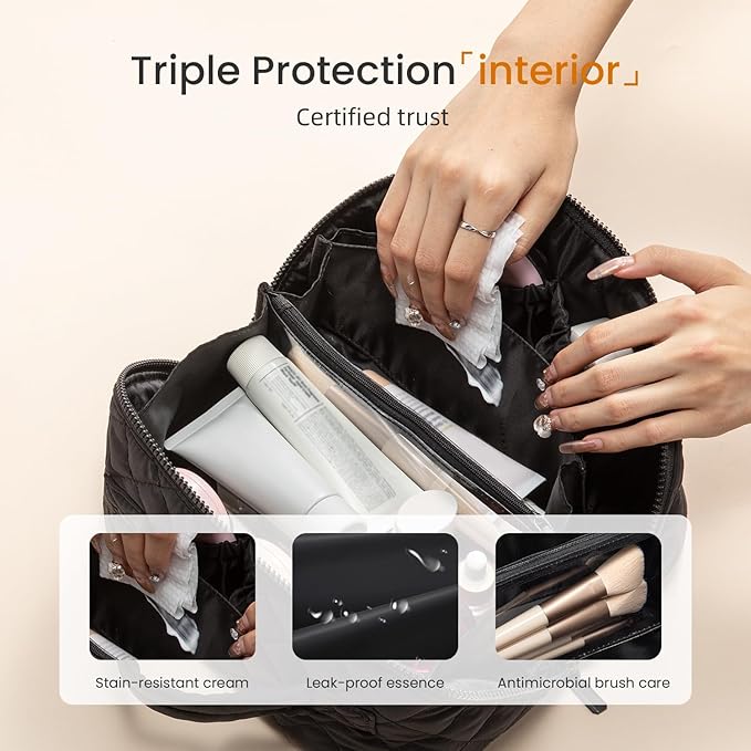 LOVEVOOK Travel Makeup Bag for Women, 2Pcs Puffer Waterproof Cosmetic Organizer, Large Capacity Pouch Open Flat Small Toiletry Bag with Brush Compartment & Handle (Black, Medium)