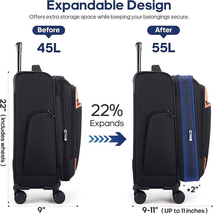 UKEIN Softside Expandable Carry On Luggage 22x14x9 Airline Approved, 20 Inch Suitcase with Wheels & TSA Lock, Travel Suitcase with 4-Piece Packing Bags for Women Men