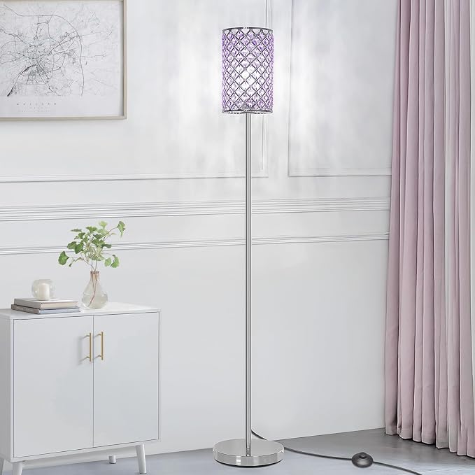 Floor Lamp for Bedroom, Silver Crystal Lamp with Lavender Shade&Foot Switch | Elegant Standing Lamp, Corner Pole Lamp for Girls Bedroom Living Room Office, E26 Base