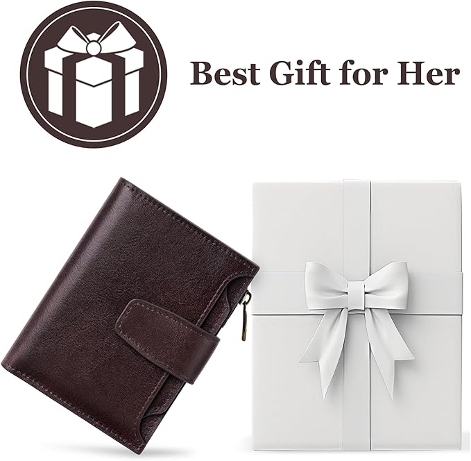 Airkit Small Wallet Women RFID Blocking Genuine Leather Bifold Compact Card Holder Wallet for Women with Zipper Coin Pocket 4 ID Window