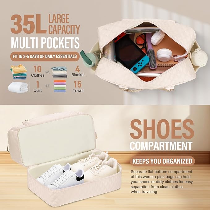 Large Travel Duffle Bag for Women,Carry on Overnight Bag Weekender Bags with Toiletry Bag Travel Bags for women with Shoe Compartment for Gym Business Trips Sport Hospital(Beige)