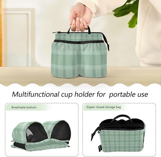 Luggage Cup Holder for Suitcases Free Hands Travel Cup Holder Portable Suitcase Cup Drink Holder Luggage Cup Caddy Bag Carrier Green Stripes Gingham