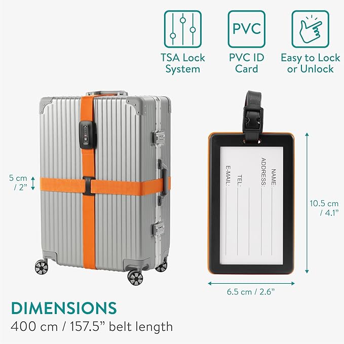 Navaris TSA Luggage Strap - Secure Adjustable Strap for Suitcases with Combination Lock - Lockable Cross Case Travel Belt for Luggage with ID Tag - Orange
