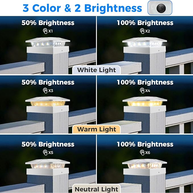 8 Packs 4x4 White Solar Post Cap Lights Outdoor with 3 Modes | Fence Post Light Solar Powered Fit 4×4/3.5×3.5 Wood/Vinyl Posts, Waterproof Post Topper for Deck Yard Garden Porch Outside