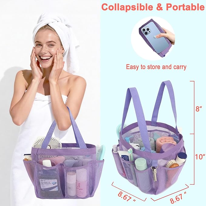 Fammart Mesh Shower Caddy Portable for College Dorm Room Essentials, 8-Pocket Large Shower Basket Tote Bag with 2 Handles for Toiletry, Bathroom, Beach, Camp, Gym