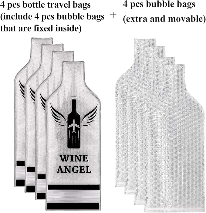 [UPGRADED PROTECTION] 4 Set (8 pcs) Reusable Wine Bags for Travel, Wine Travel Protector, Bottle Travel Sleeve Case For Airplane, Car, Cruise, TRIPLE Protection Luggage Leak-Proof Safety Impact Resist