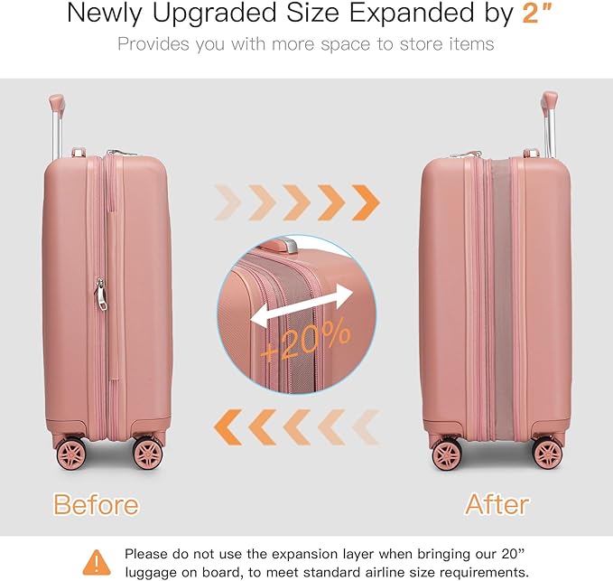 Kono Small 20 Inch Expandable Carry On Luggage with Quiet Spinner Wheels & TSA Lock, Scratch and Drop Resistant PC+ABS Hardside 22x14x9 Airline Approved Suitcase, Nude/Rose Gold